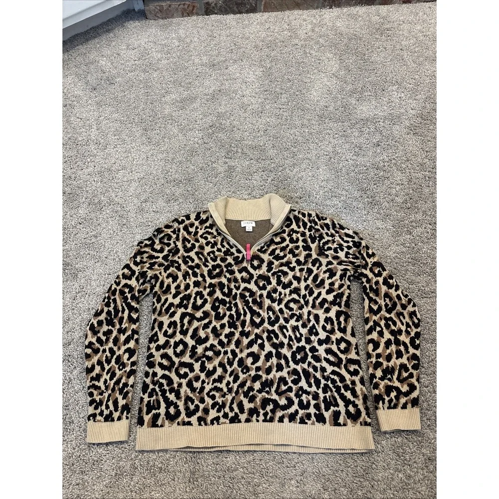 J.Crew Cheetah / Leopard Print Hot Pink 1/4 Zip Sweater Womens Small Long Sleeve